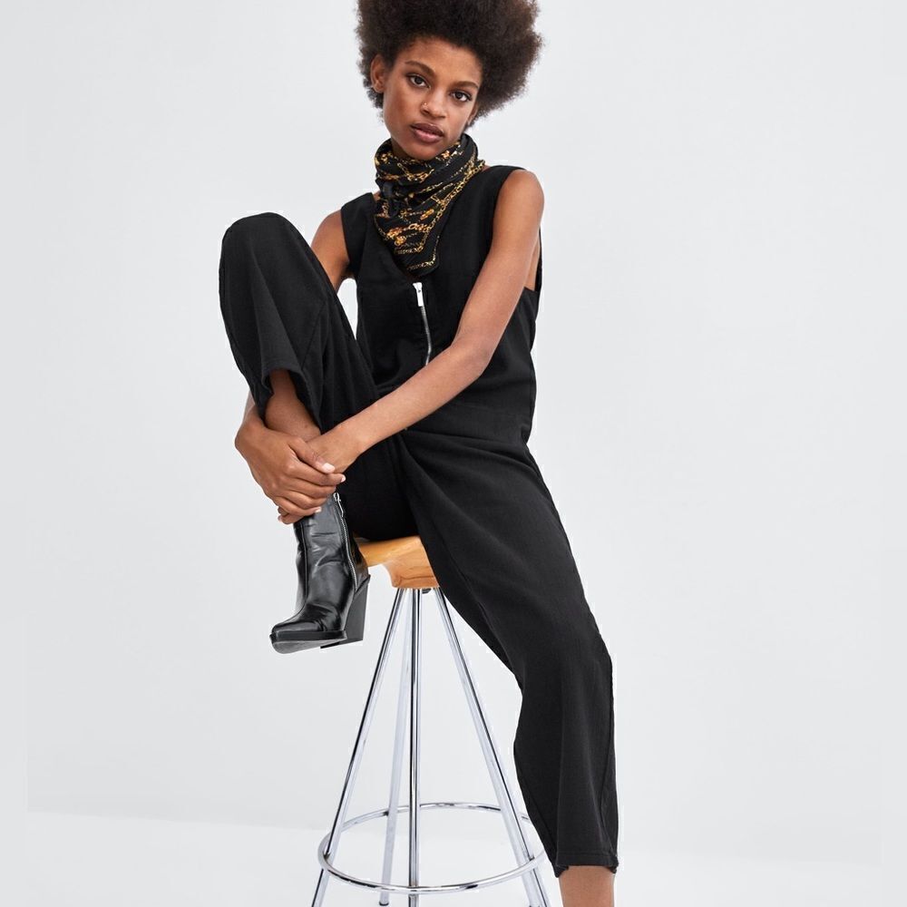 Zara TRF Collection Black Denim Jumpsuit Front Zipper Medium